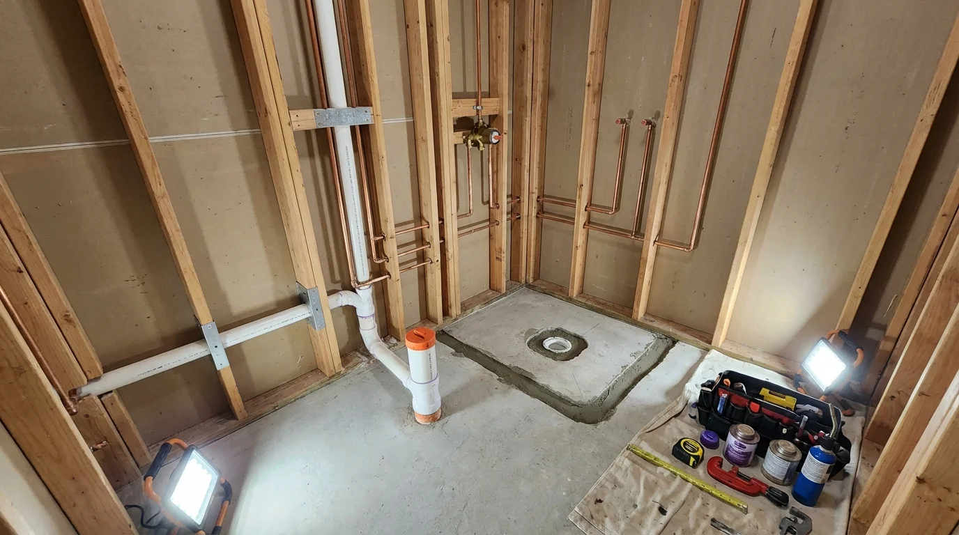 Bathroom rough-in plumbing during remodel by Johns Plumbing LLC in Lake Saint Louis