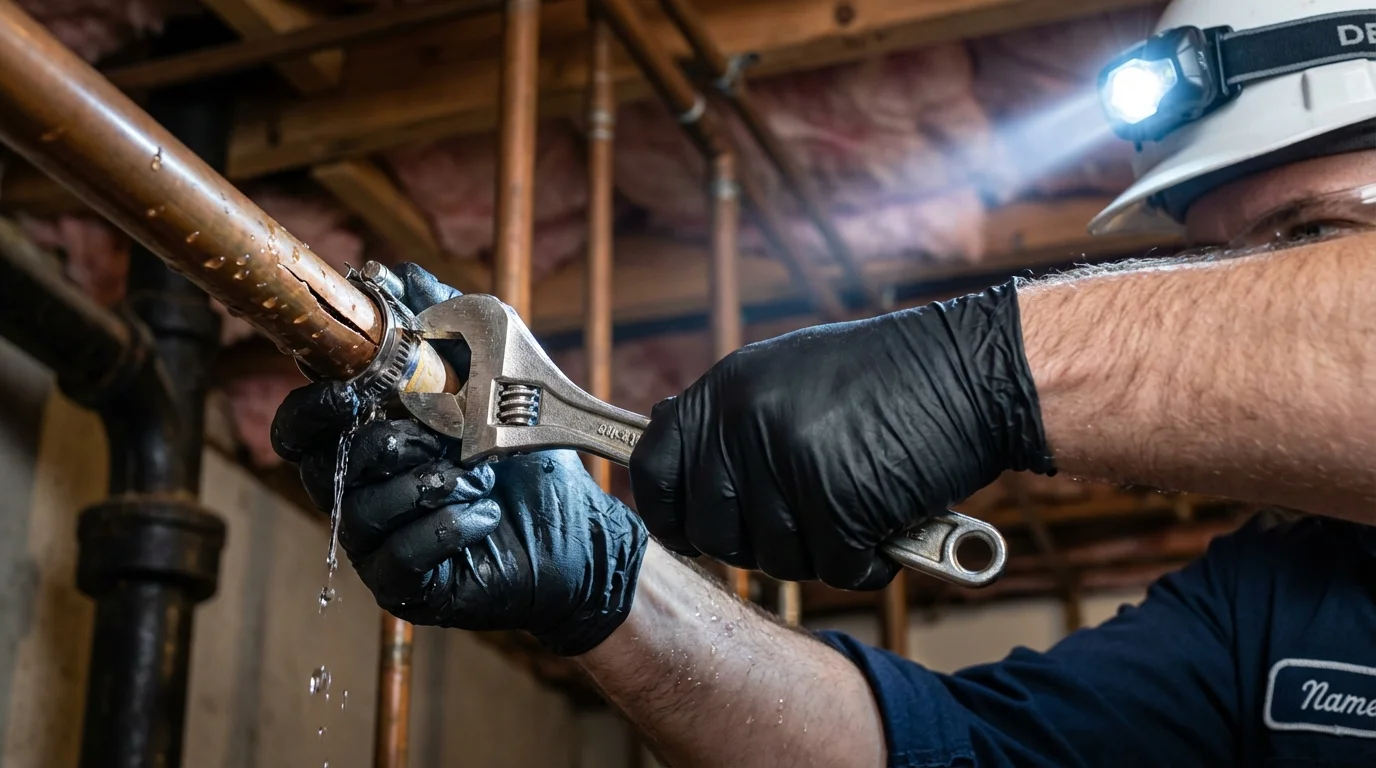 Emergency pipe clamp repair being performed by a Johns Plumbing LLC plumber in Lake Saint Louis