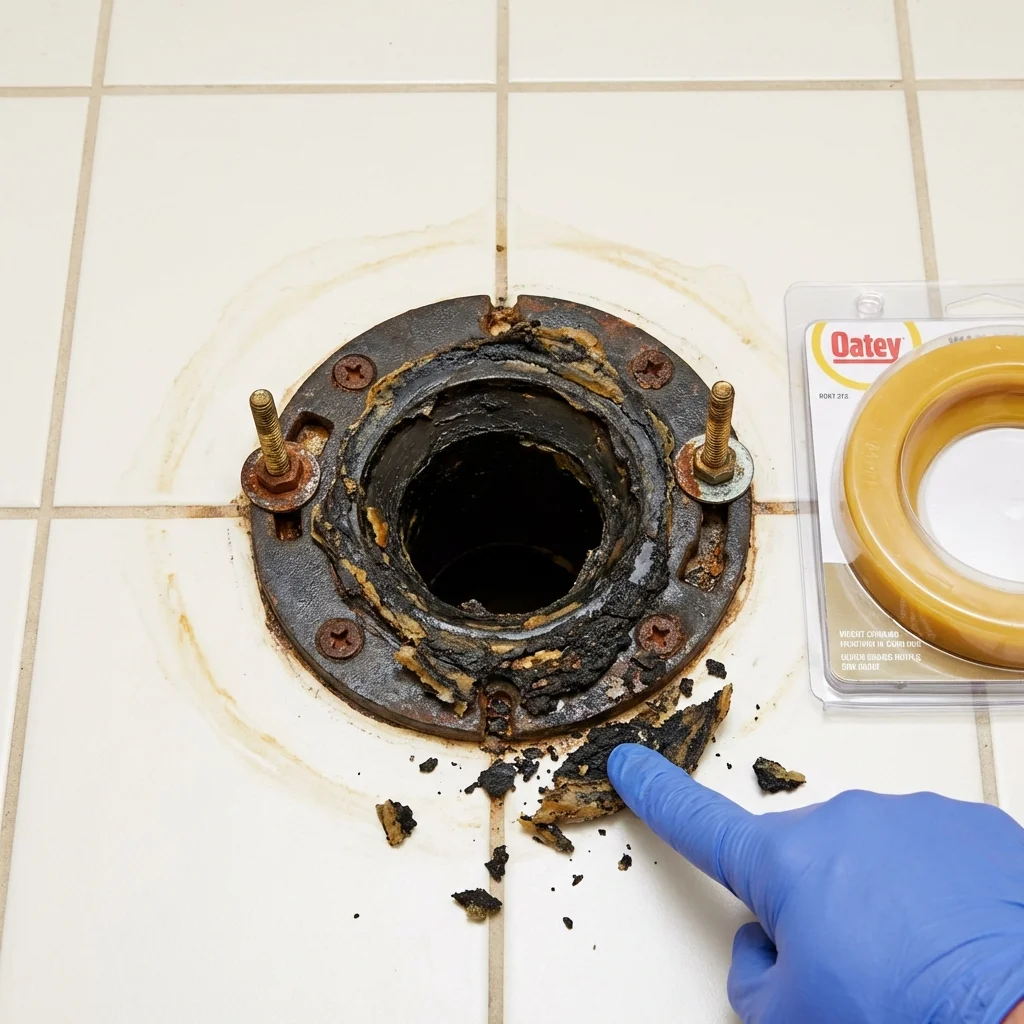 Failed wax ring showing water seepage at the base of a toilet in a Lake Saint Louis, MO home