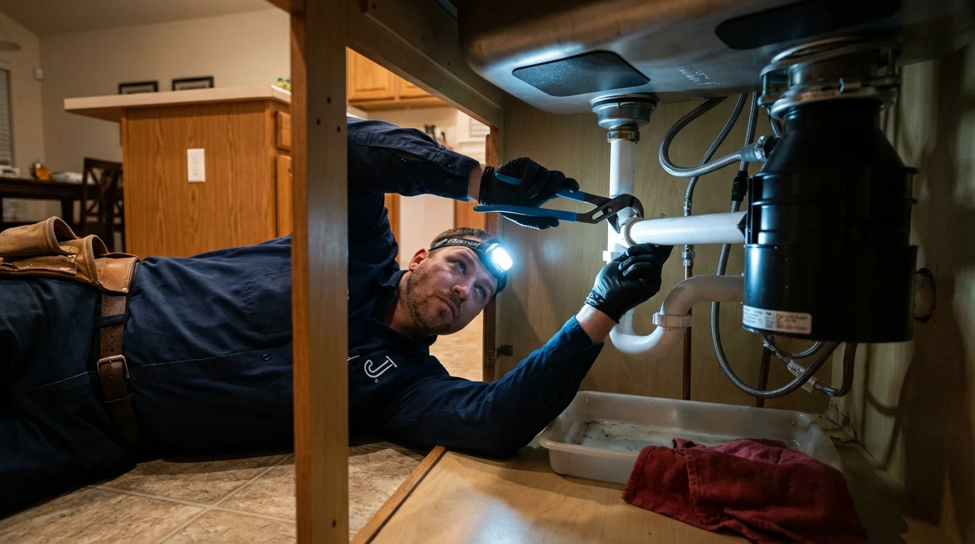 P-trap and supply line connections under a kitchen sink showing a common leak point in Lake Saint Louis, MO